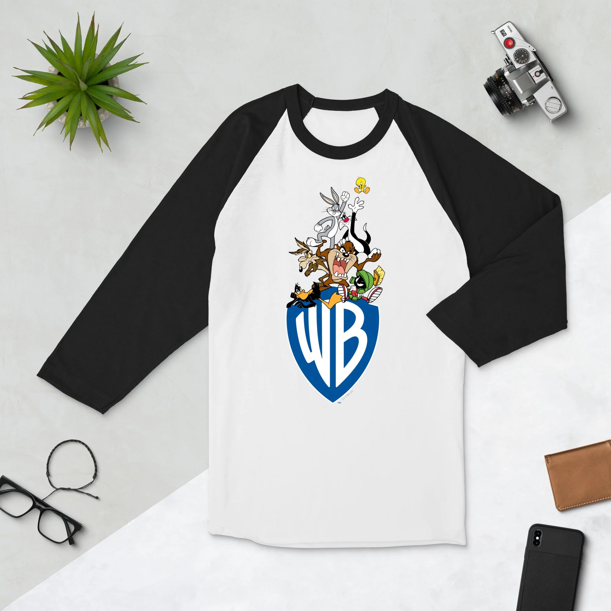 WB 100 Warner Bros Shield Looney Tunes Raglan Shirt - Image 3